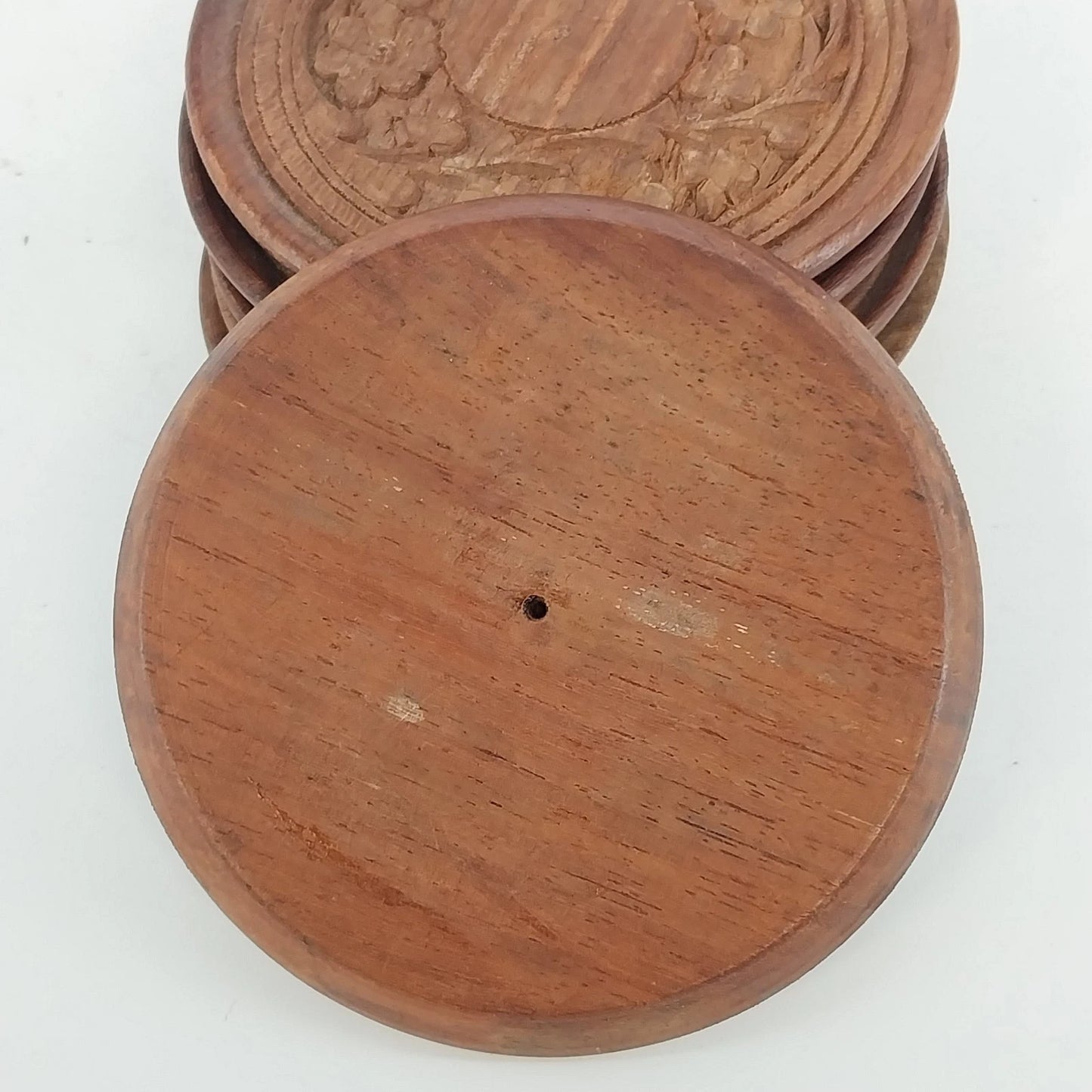 Indian Carved Natural Wooden Coasters Set 6 Floral Rustic Drink Disc 4" Vintage