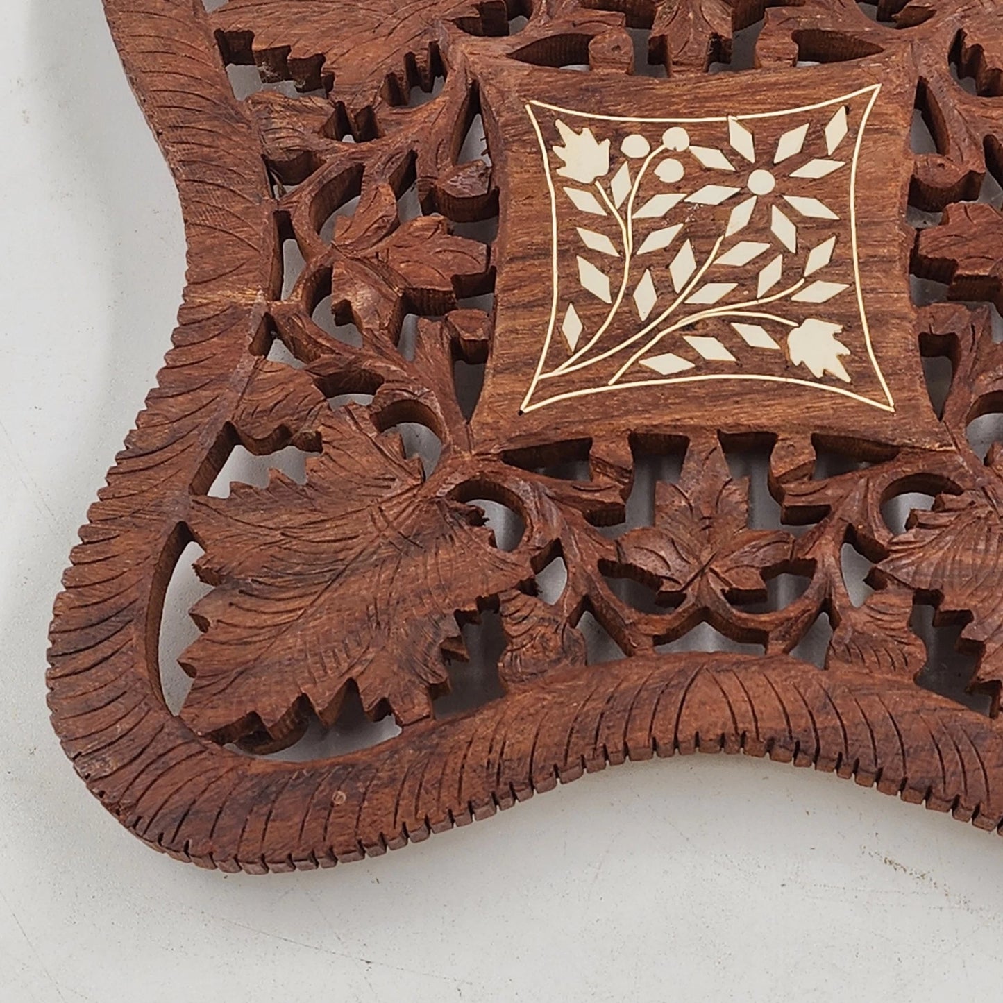 Hand Carved Wood Trivet 8" Square Gold Inlay Floral Design Vented Feet India Vtg