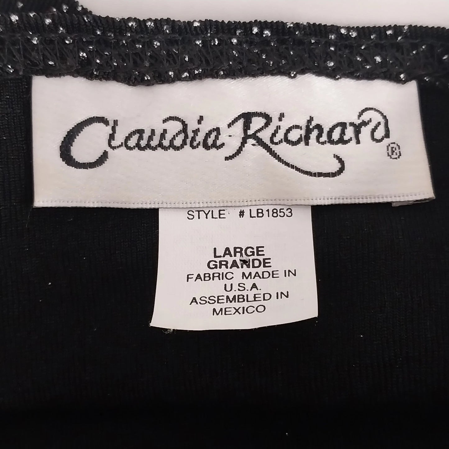 Claudia Richard Women's Black Silver Stud Glitter Top Large V-Neck Long Sleeve