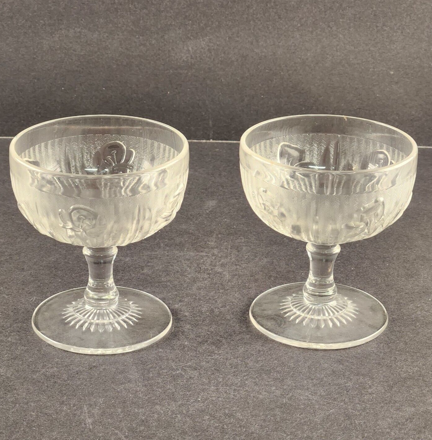 2 Jeanette Glass Iris & Herringbone Clear Stemmed Sherbet or Dessert Bowls