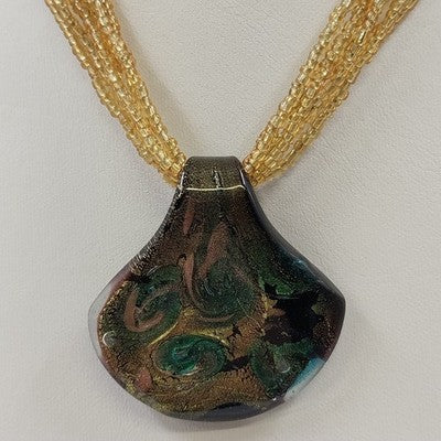 6 Strands Gold Tone Seed Beads with Multicolor Marbled Glass Pendant Necklace