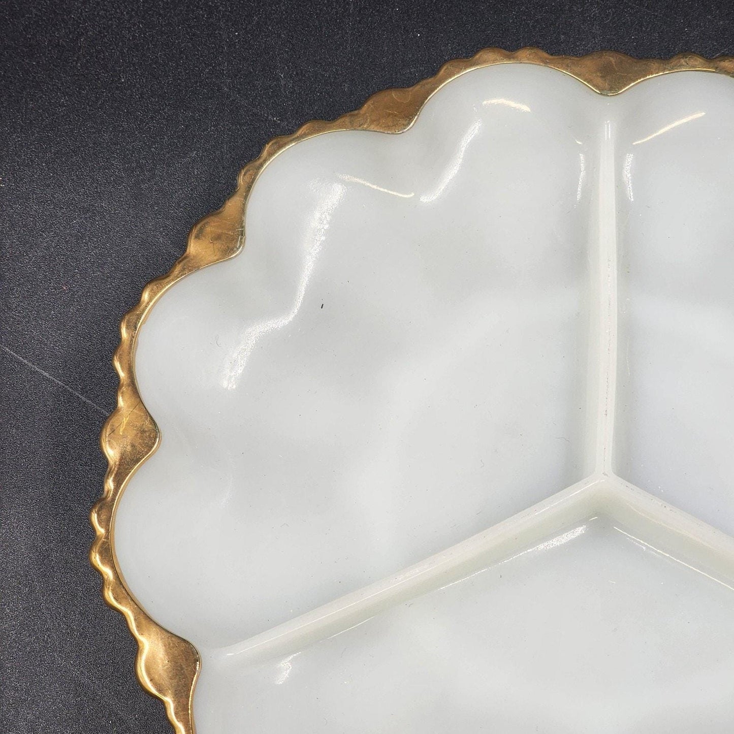 Anchor Hocking Milk Glass Divided Relish Dish with Gold Rim 10 Inch Vintage