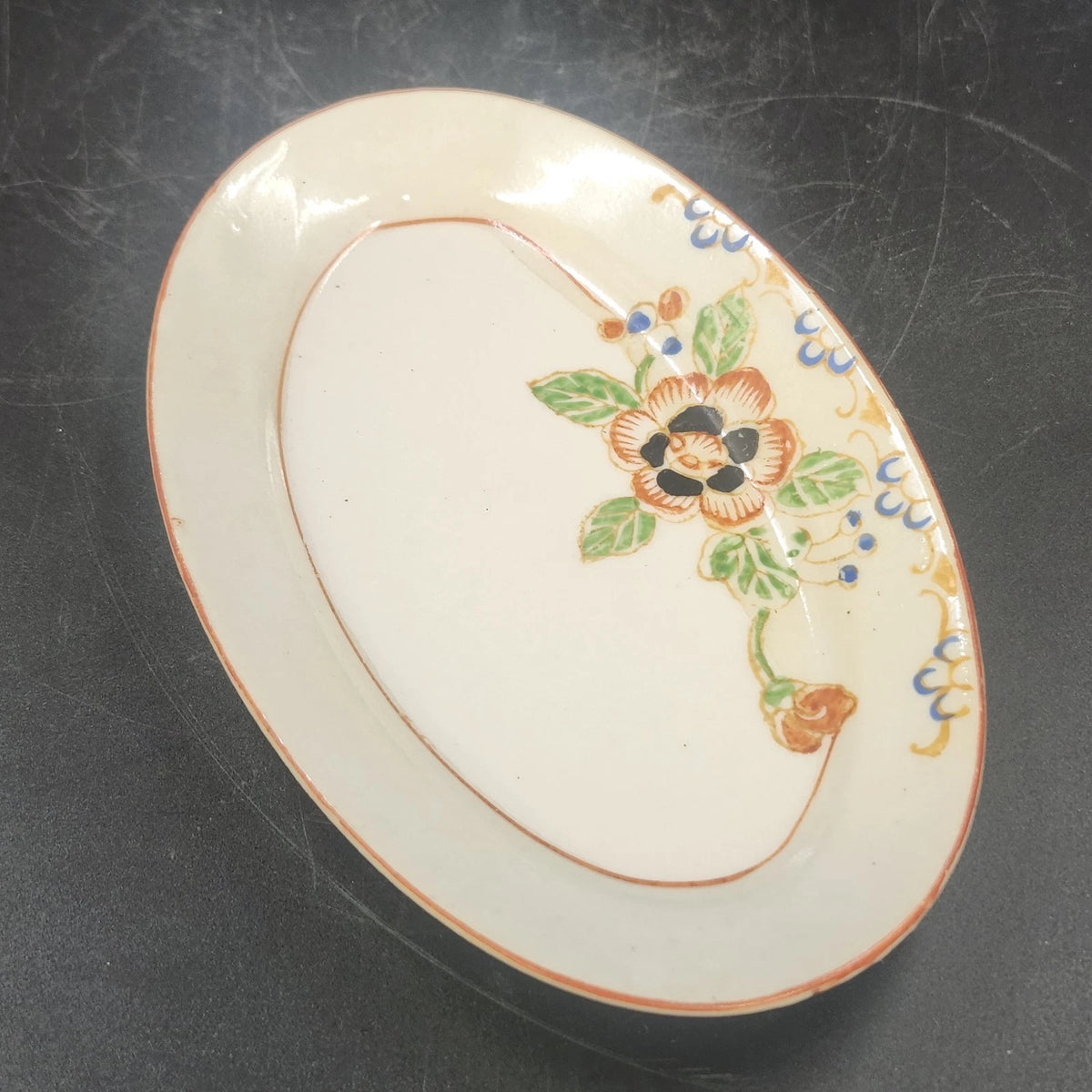 Porcelain Oval Serving Dish Plate 6" Hand Painted Floral Orange Trim Japan