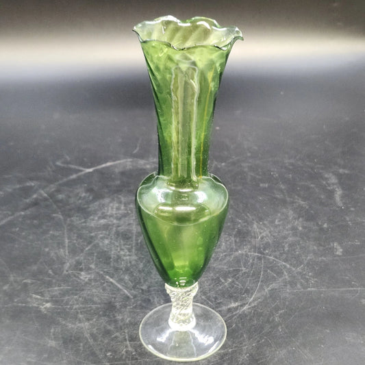 Green Clear Art Glass Bud Vase Ruffled Rim Clear Twisted Stem Footed 8" Vintage