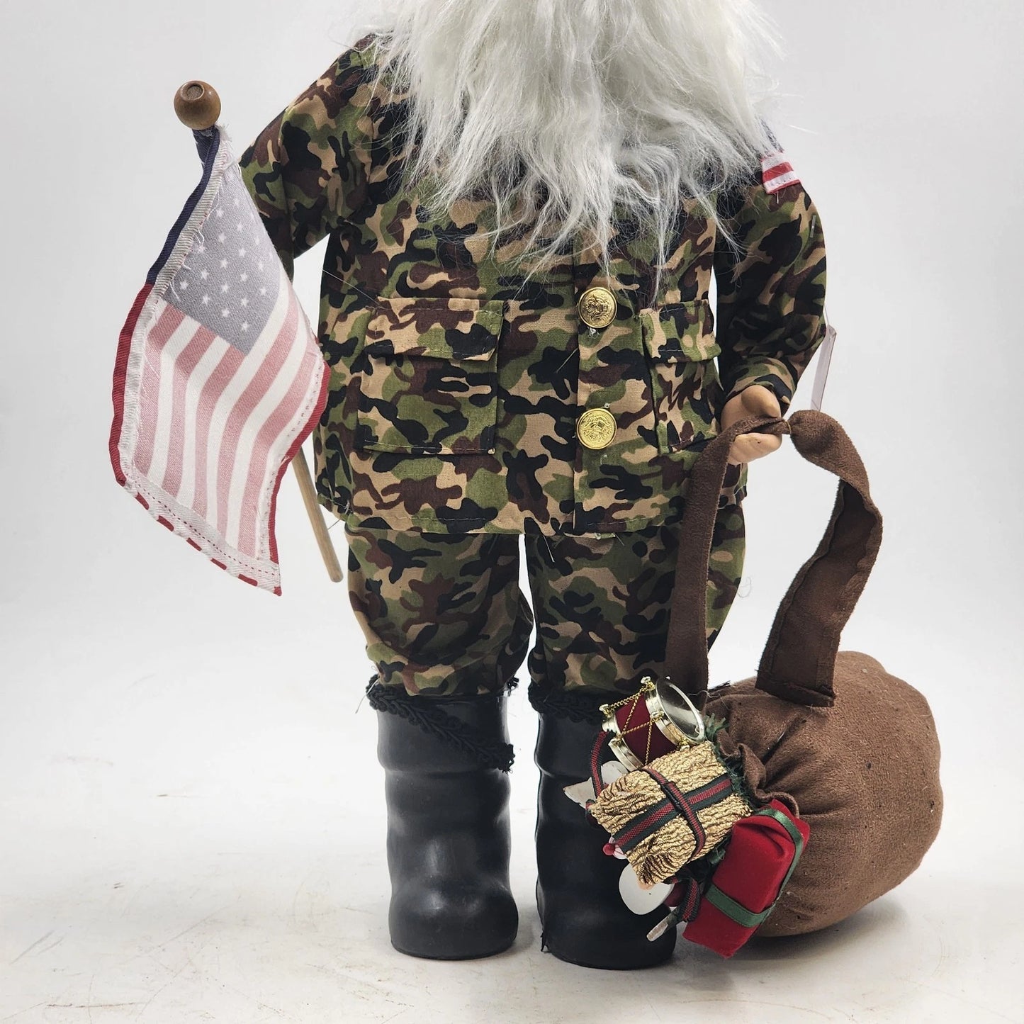 Camouflage Santa Claus Tabletop Figurine 19" Christmas US Flag Bag of Gifts NWT