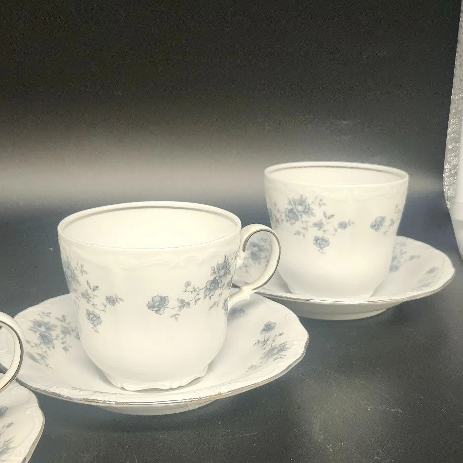 Johann Haviland 4 Cups & Saucers Set Bavaria Germany Blue Garland Floral Vintage