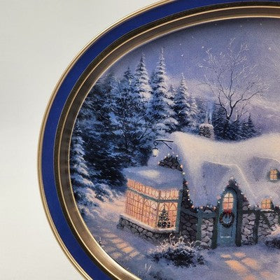 Thomas Kinkade Christmas Winter Cozy Cottage Scene Oval Tin Tray 14.5x11.5" 1997