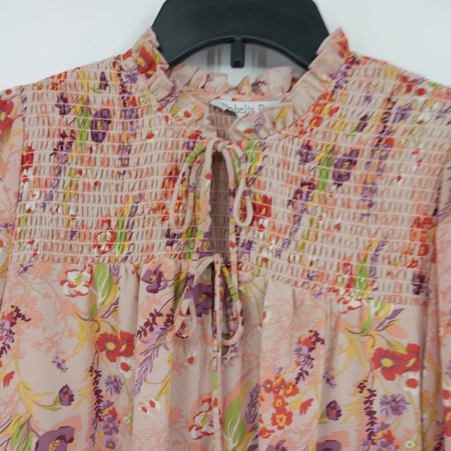 Ophelia Roe Floral Smocked Peasant Blouse Peach Long Sleeve Women's Small