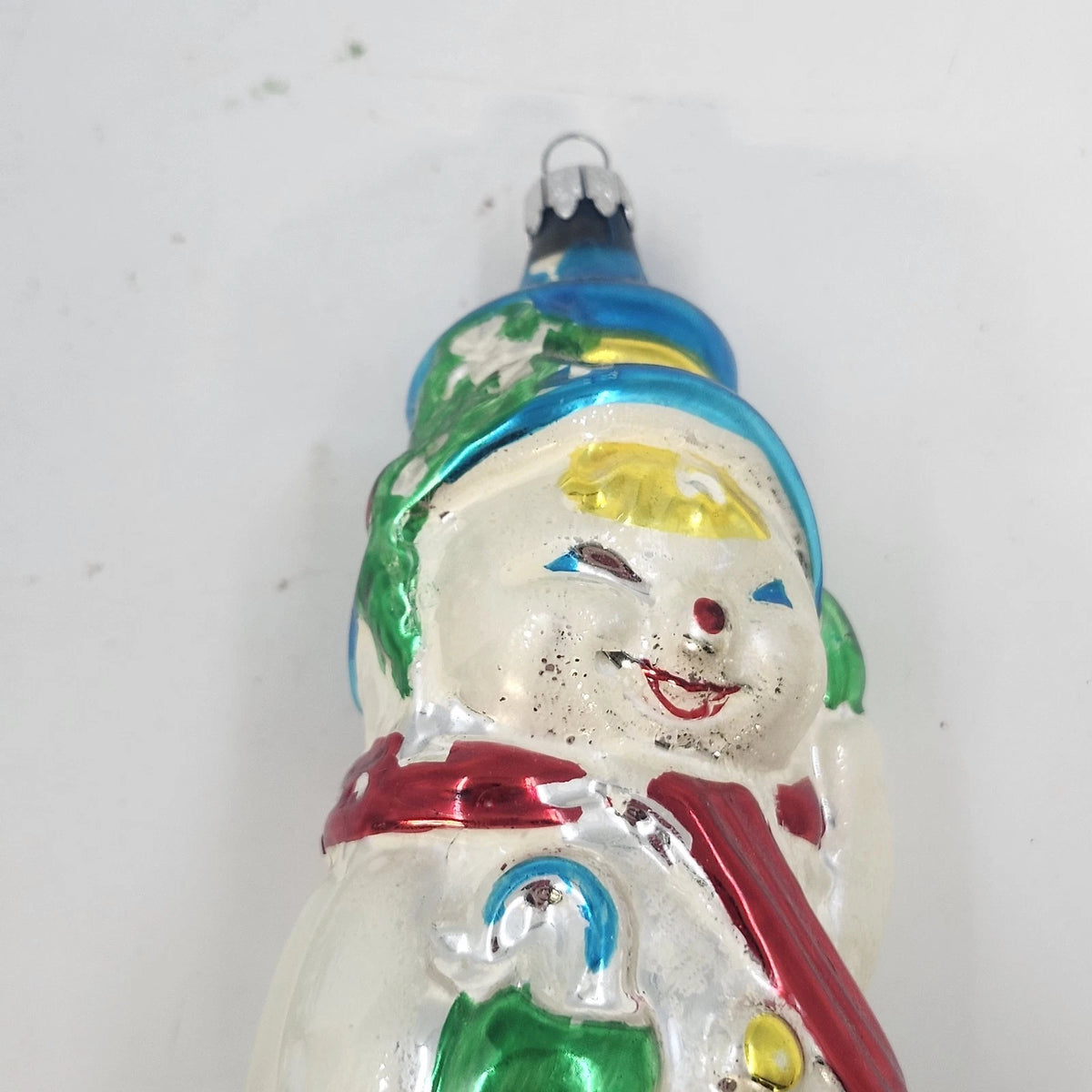 Snowman Blue Hat Red Scarf Hand Painted Blown Glass Christmas Ornament 5" Vtg
