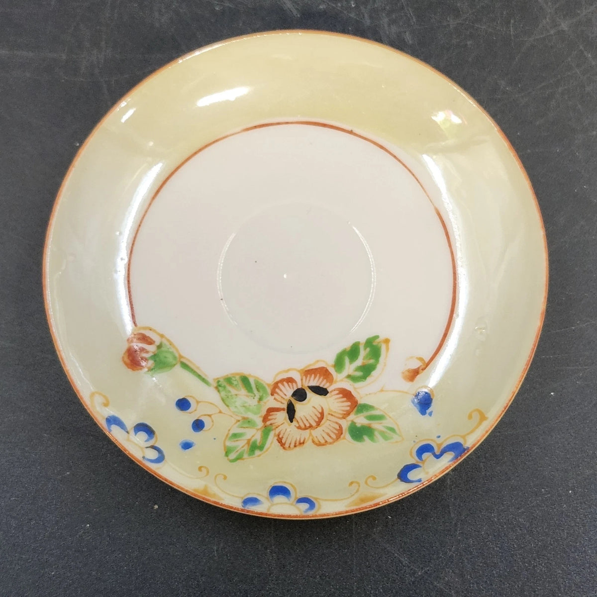 Japan Porcelain Demitasse Saucers Hand Painted Floral Orange Trim 3.25" 3pc Vtg