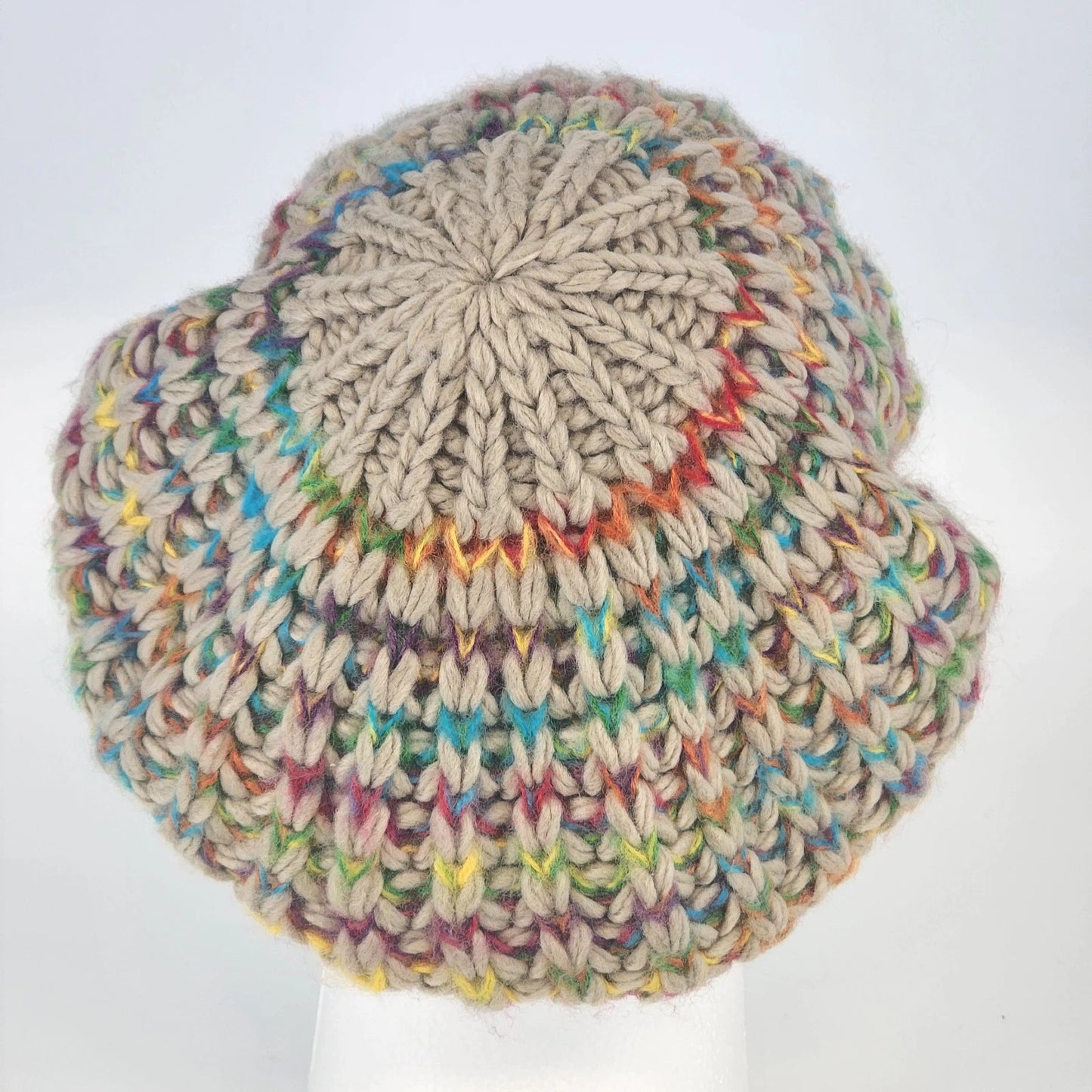 Hand Knitted Tan Beret Hat Rainbow Accent Slouchy Cap
