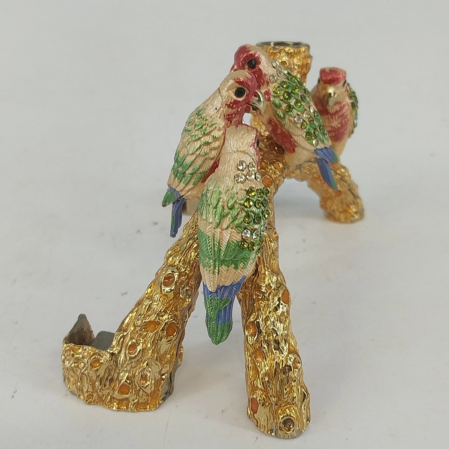 Metal Enamel Crystal Parrot Pen & Business Card Holder Bird on Branch Desk Decor
