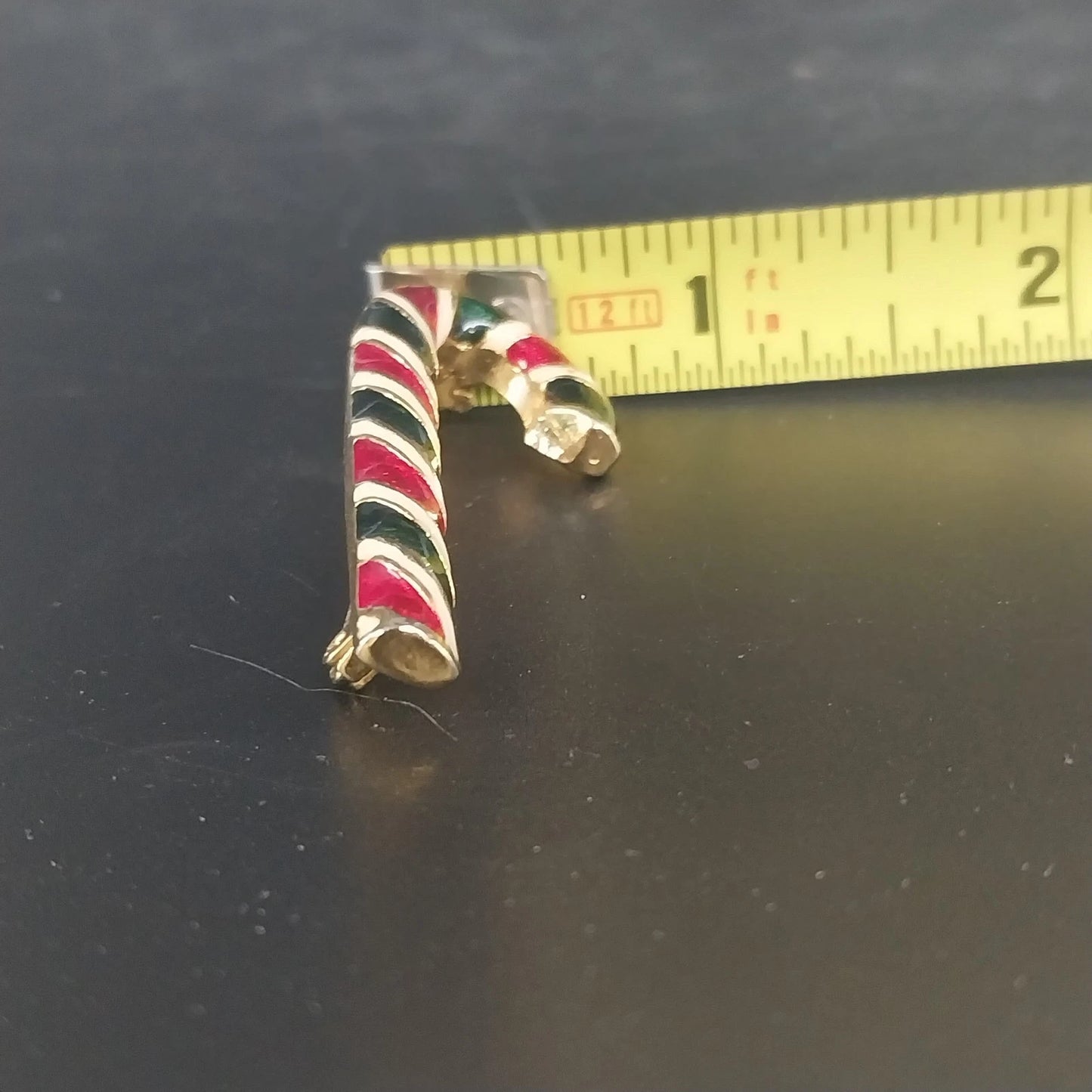 Candy Cane Christmas Brooch Pin Gold Tone Red Green Enamel 2" Holiday Vintage