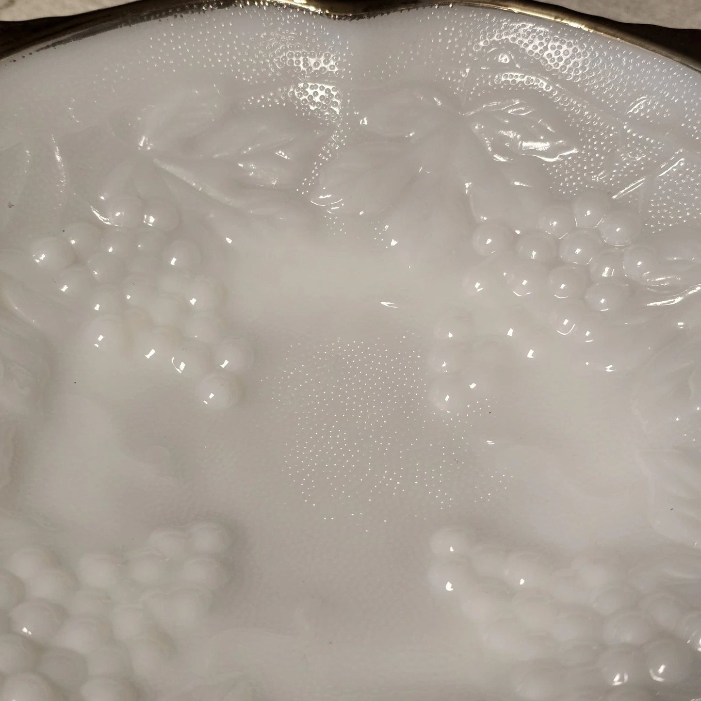 Anchor Hocking Milk Glass Serving Bowl Raised Grape & Leaf Motif Gold Trim 8.5"