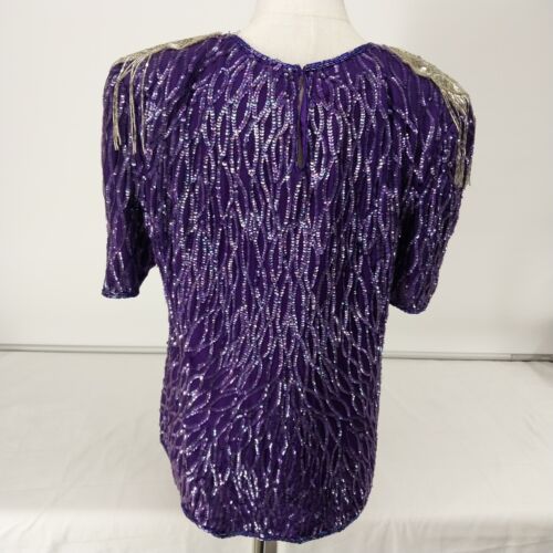 Lawrence Lazar Top Sequined Size XL Purple Silver Tasseled Shoulder Pads