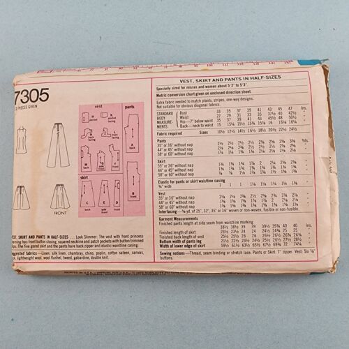 Simplicity 7305 Vintage Sewing Pattern 1970's Vest Skirt Pants in Half Sizes 20½
