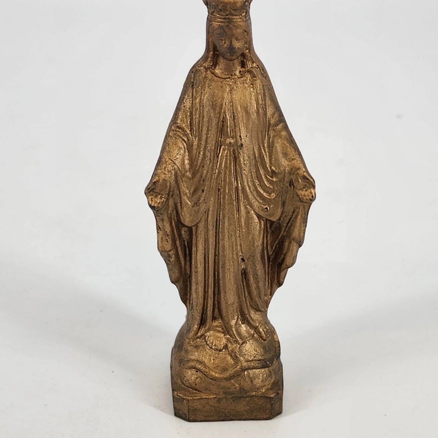 Gold Tone Metal Virgin Mary Statue 4.25" Catholic Religious Figurine Vintage