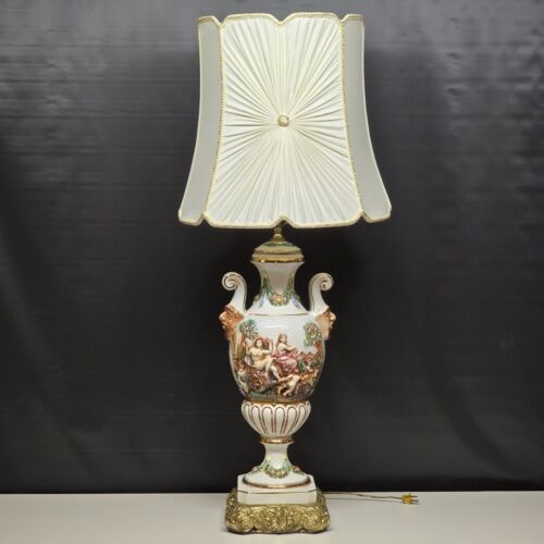 Italian Capodimonte Deluxe Large Table Lamp Raised Images Pleated Scallop Shade