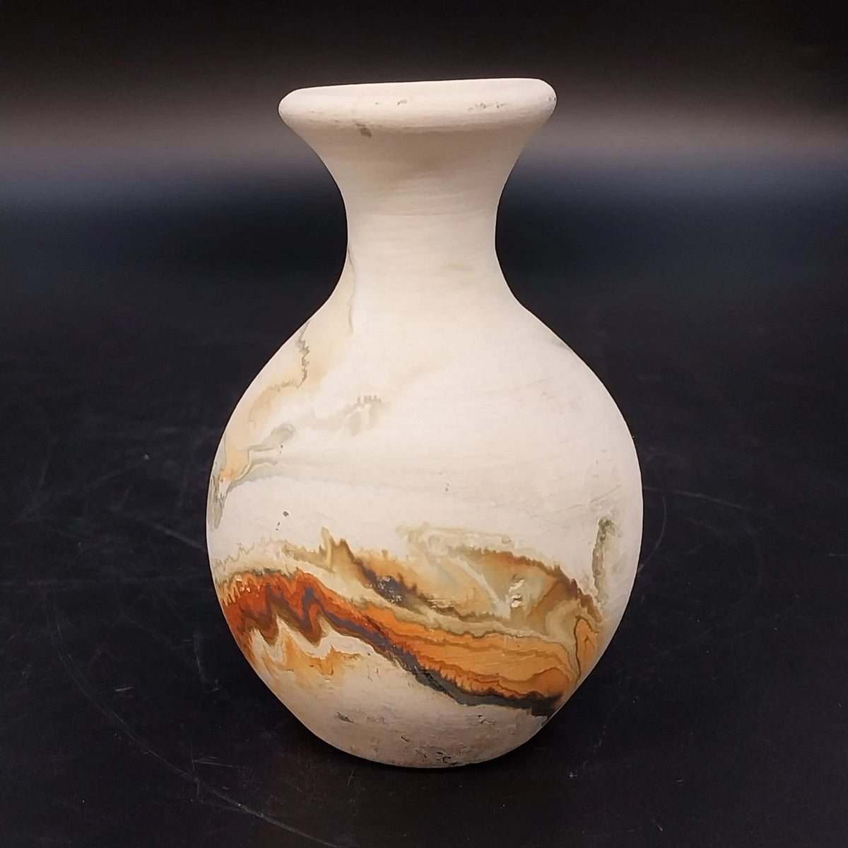 Nemadji Indian Pottery Bud Vase Orange Brown Green Marbled Clay Swirl 4" Vintage