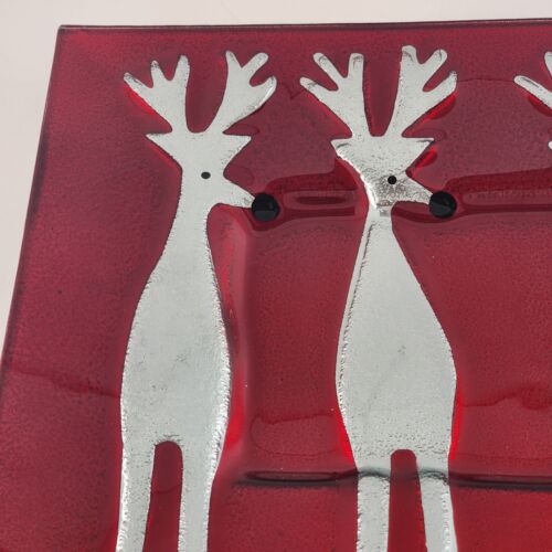 Crate & Barrel Reindeer Platter 17" x 12” Red Glass Serving Tray G7005 Vintage