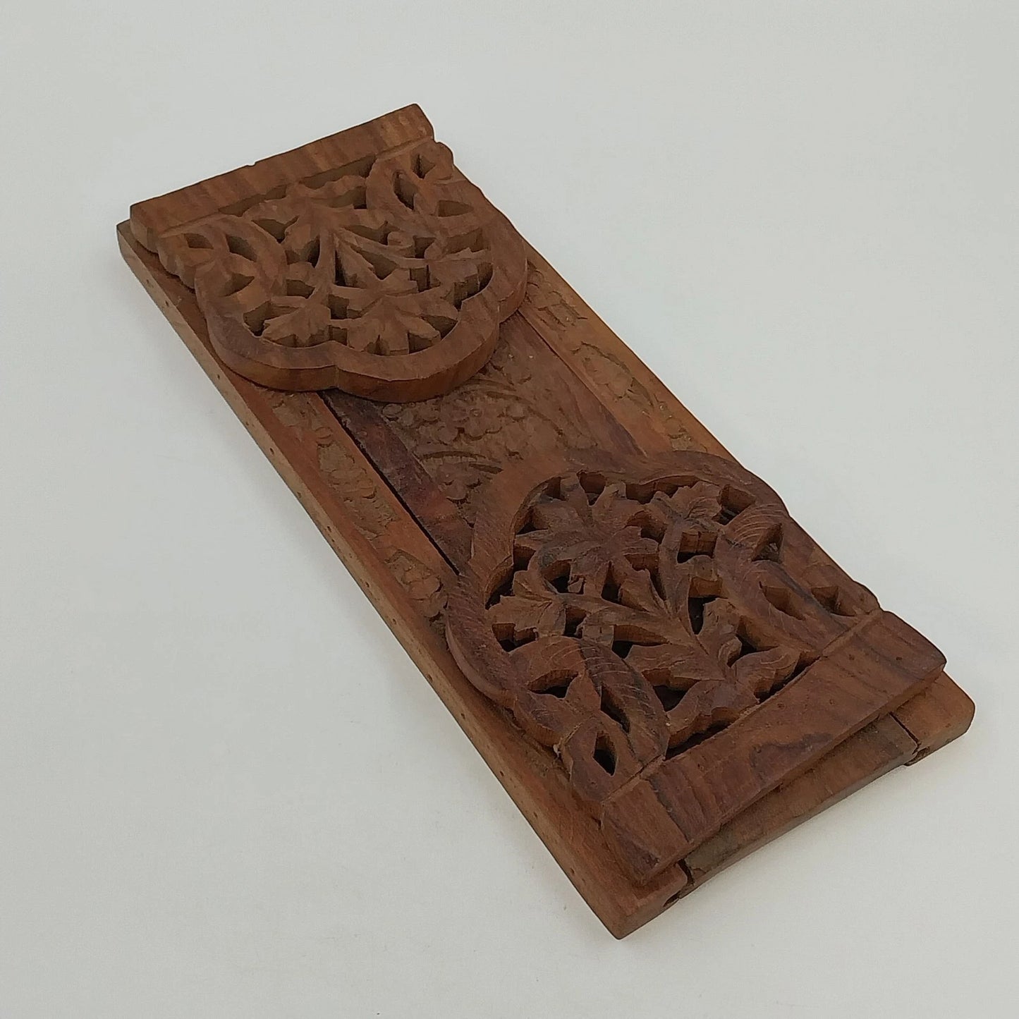 Hand Carved Natural Wood Expandable Book Rack Floral Bookends 17" Extend India