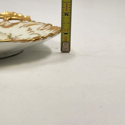Limoges France 10.5" Round Platter Hand Decorated Floral Gold Trim Handle