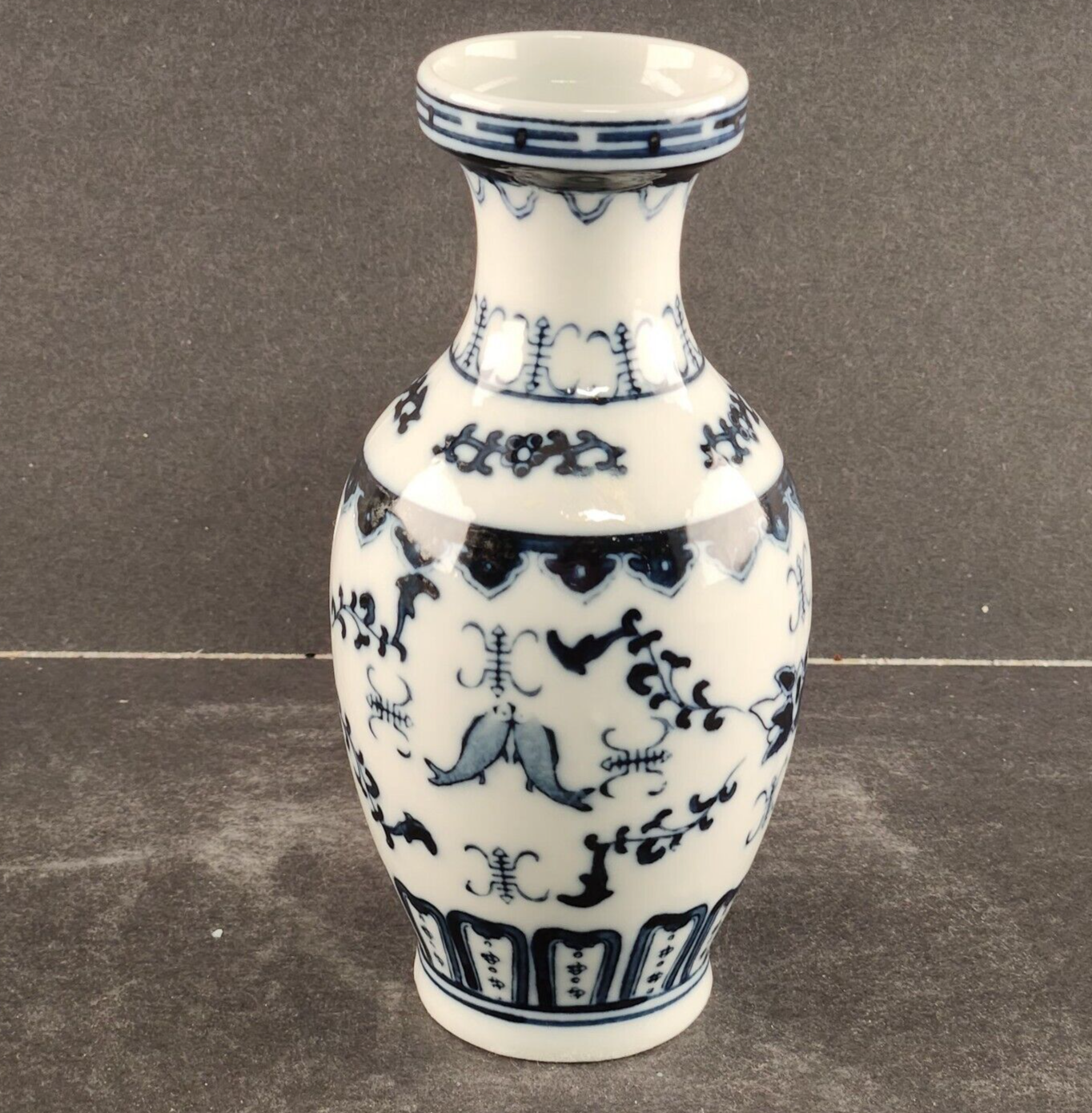 Chinese Porcelain Vase Blue White Round Multiple Images 2.7" Across x 5.75" Tall