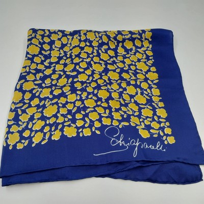 Schiaparelli Silk Blend Scarf 23" Square Yellow Blue Floral Print Signed Vintage