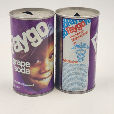 Set of 2 Faygo Fruit Grape Soda Pull Tab Empty Cans Medicine Milestones Vtg 1977
