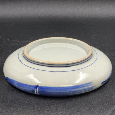 Japanese Porcelain Bowl Blue White Bamboo Dragonfly Design Curled Lip 9.5