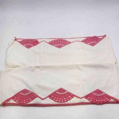 Queen Size Linen Bed Pillow Cases Hand Crocheted Pink Turn of the Century 32.5"