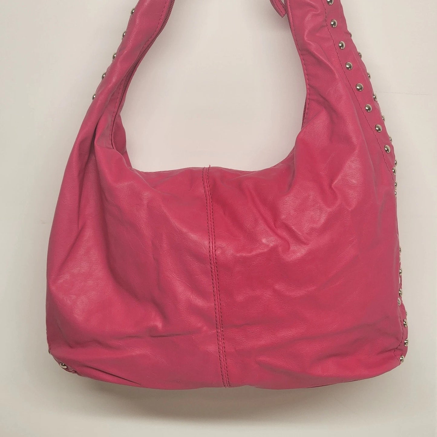 Pink Leather Hobo Bag Studded Hand Shoulder Purse Silver Studs Slouchy 12" Vtg