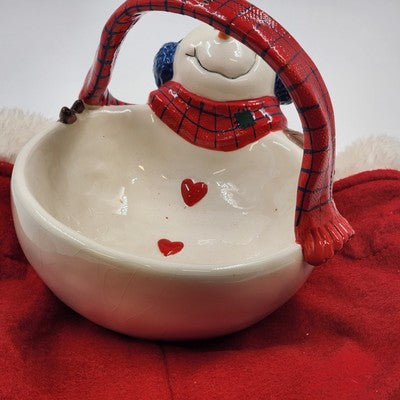 St. Nicholas Square Snowman Basket Candy Dish Button Up with Stocking China 7"
