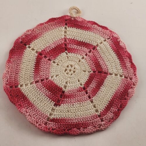 Lot of 2 Round Vintage Hand Crochet Knitted Potholders Red Pink and White