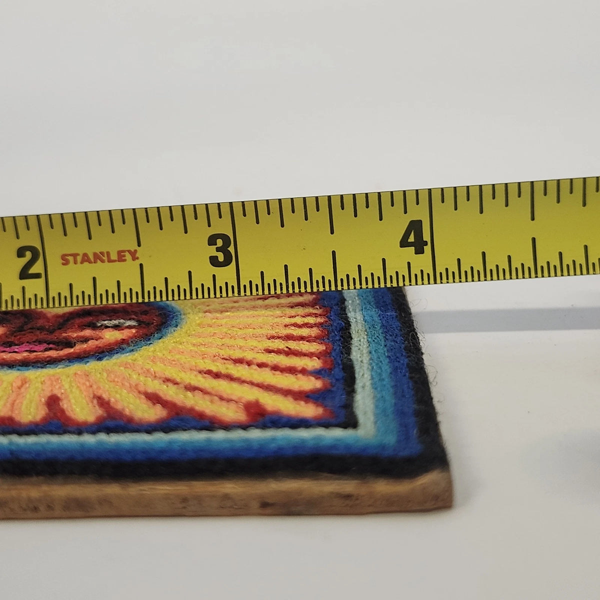 Arte Tepehuano Mexican Yarn Painting Sun Face Handcrafted Natural Wood Plaque 4"