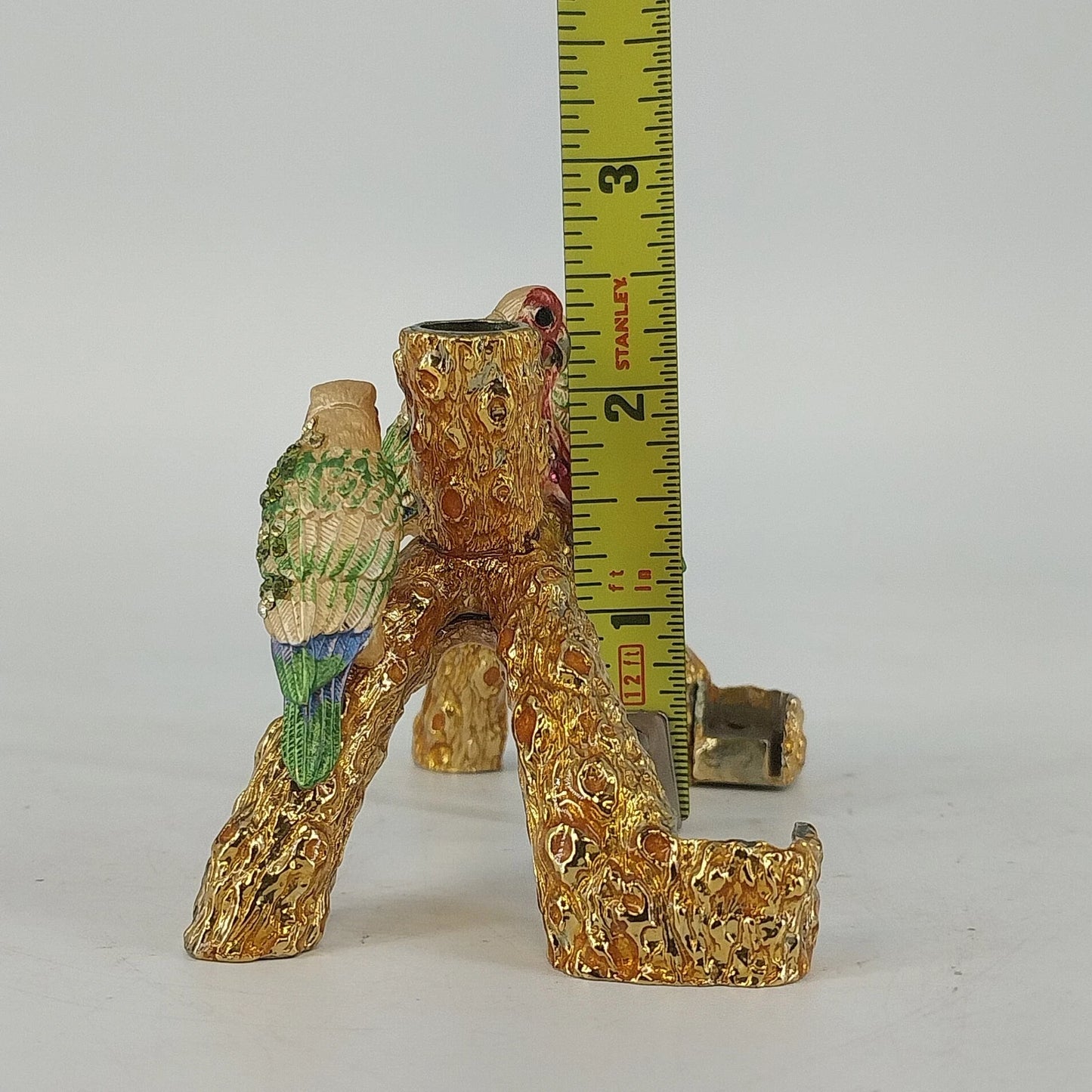 Metal Enamel Crystal Parrot Pen & Business Card Holder Bird on Branch Desk Decor