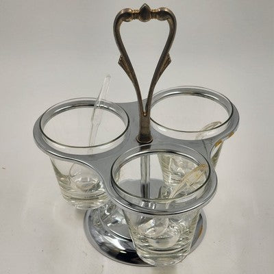 Kromex Condiment Carousel Caddy 3 Glass Ramekins & Spoons Rotating Chrome 11"h