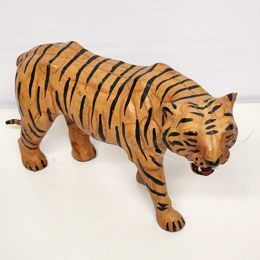 Large Leather Wrapped Tiger Figurine Walking Vintage 15" L x 3½" W x 7½" H