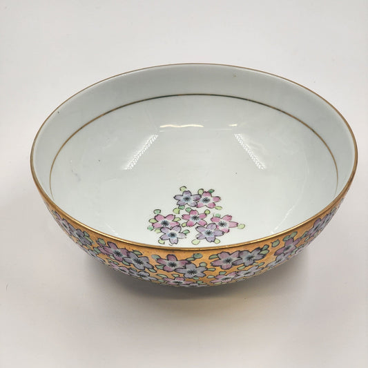 Japanese Imari Porcelain White Serving Bowl Pink Flowers on Gold Field Footed 7"