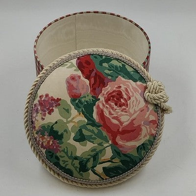 Jan Sevadjian Sewing Hat Box Basket Padded Cord Handle Fabric Covered 10" 1980s