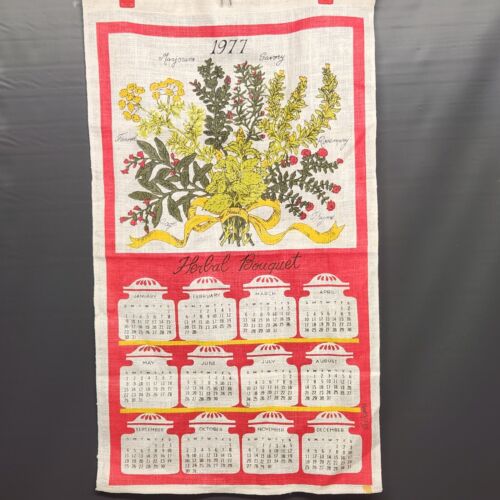 1977 Poland Linen Kitchen Towel Hanging Wall Calendar Herbal Bouquet Red Vintage