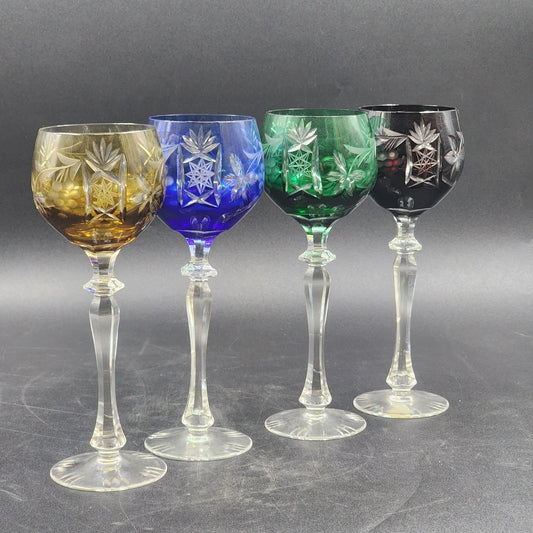 4 Bohemian Cordial Glasses Crystal Cut-to-Clear Wine Hocks 8.75" Multi-Color