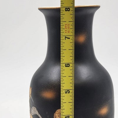 Vintage Kutani Japan Black Porcelain Vase – 8" Hand-Painted with 24K Gold Detailing, White Glazed Interior – Collectible Japanese Art Pottery