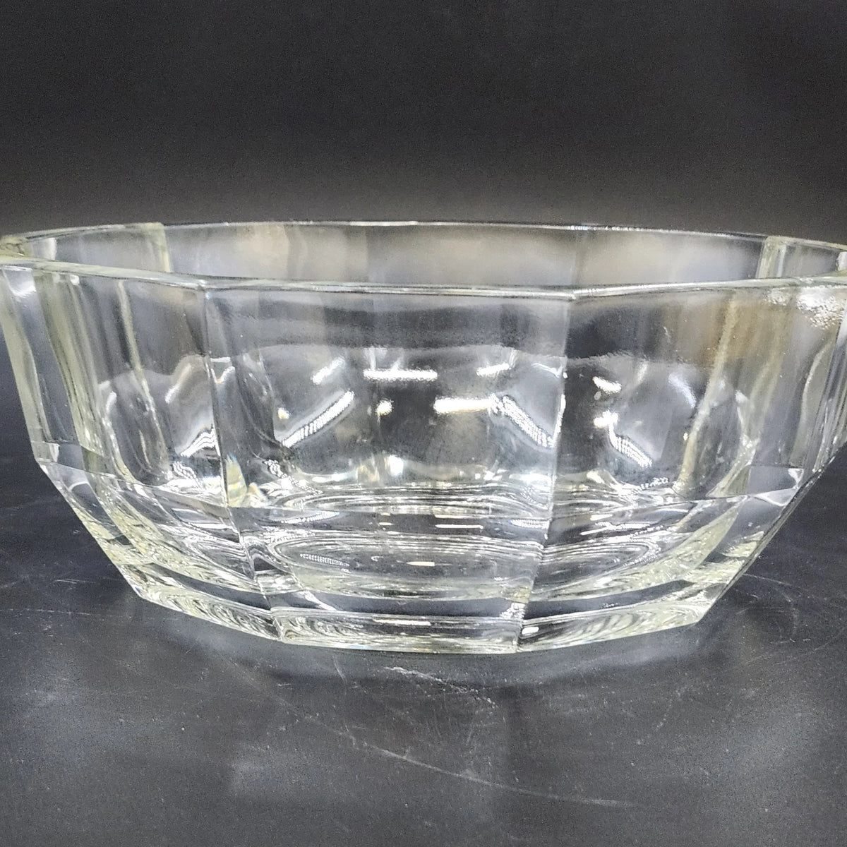 Clear Glass 10 Sided Serving Bowl 8.5" Heavy Paneled Thick Faceted Sides Vtg