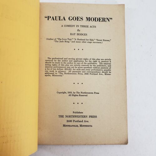 PAULA GOES MODERN 1933 Amateur Theatre Play Playbook A Comedy in Three Acts