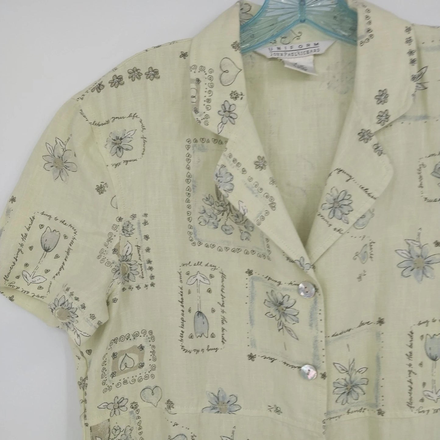 John Paul Richard Linen Shirt Dress Green Floral Button Front Medium