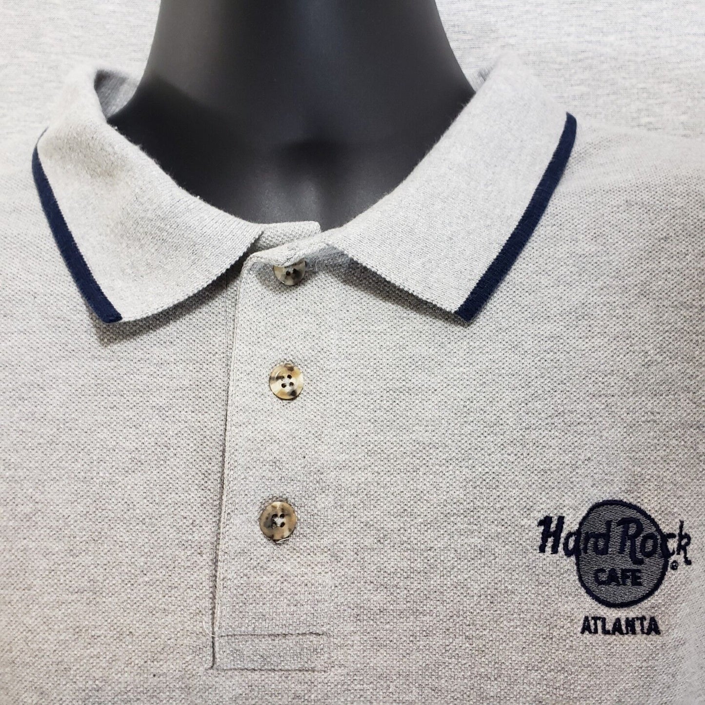 Men's Hard Rock Cafe Polo Golf Shirt Large Atlanta Gray 2 Blk Horizontal Stripes