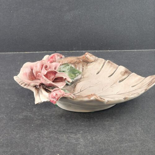 Capodimonte Large Rose Flower w Leaf Candy Dish Vintage Made in Italy 9" Chipped