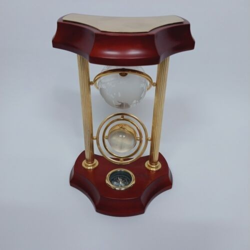 Bulova Wrexham Sphere Clock Gyroscope w Crystal Globe & Compass Wood Brass Frame