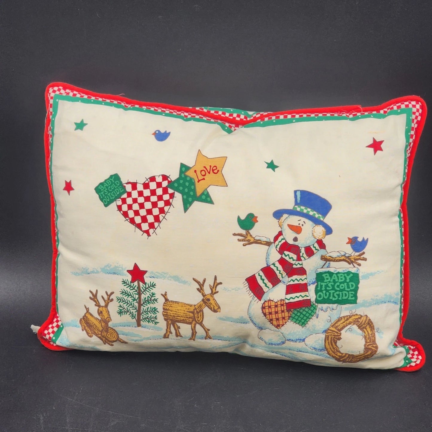 2 Snowmen Christmas Throw Pillows 3 Fun Scenes 16" x 12" Snowmen Stars & Birds
